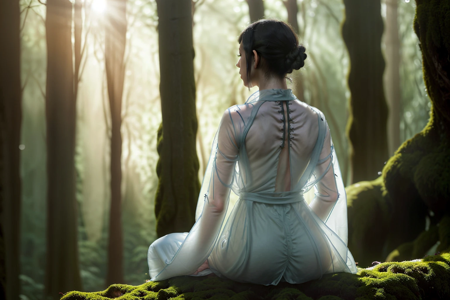 View from behind, A young female monk (Transparent silhouette:1.3), Meditation on a mossy tree in the forest, White soft flowing dress, Create a dreamy atmosphere, A wonderful interweaving of light and shadow, With a tranquil forest as the background, Bokeh, Shallow and deep