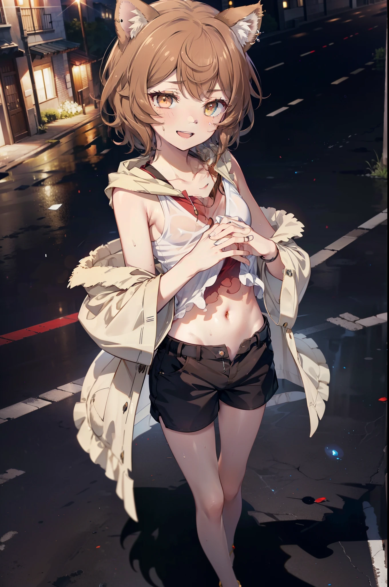 Lirilkaード, Lirilka, Animal ears, (Brown eyes:1.7), Brown Hair, (Flat Chest:1.2), happy smile, smile, Open your mouth,Sweat,See-through clothes,short hair,White Tank Top,Shorts,Cute Sandals ,Walking during the day,Clear skies, break looking at viewer, whole body, break outdoors ,Residential Street, break (masterpiece:1.2), Highest quality, High resolution, unity 8k wallpaper, (shape:0.8), (Beautiful and beautiful eyes:1.6), Highly detailed face, Perfect lighting, Highly detailed CG, (Perfect hands, Perfect Anatomy),