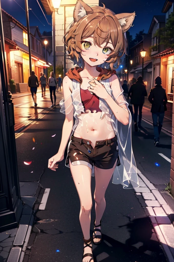 Lirilkaード, Lirilka, Animal ears, (Brown eyes:1.7), Brown Hair, (Flat Chest:1.2), happy smile, smile, Open your mouth,Sweat,See-through clothes,short hair,White Tank Top,Shorts,Cute Sandals ,Walking during the day,Clear skies, break looking at viewer, whole body, break outdoors ,Residential Street, break (masterpiece:1.2), Highest quality, High resolution, unity 8k wallpaper, (shape:0.8), (Beautiful and beautiful eyes:1.6), Highly detailed face, Perfect lighting, Highly detailed CG, (Perfect hands, Perfect Anatomy),