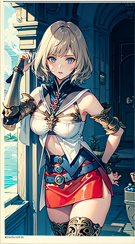 S-curve,s line,(cowboy shot,masutepiece, of the highest quality, Best Quality, Official art, Beautiful and aesthetic:1.2), ighly detailed, Colorful,highest details,Illustrations,Everyday scenery, 1girl in, Solo, (large boob,Final Fantasy 12,Ashelia, shorth hair,short-hair ,Ashelia Costume,Red mini skirt, thighs thighs thighs thighs, Knee socks that cover up to the shin,jewely, Blue belt,Number on one of the belts), is standing, move chart,Medieval fantasy