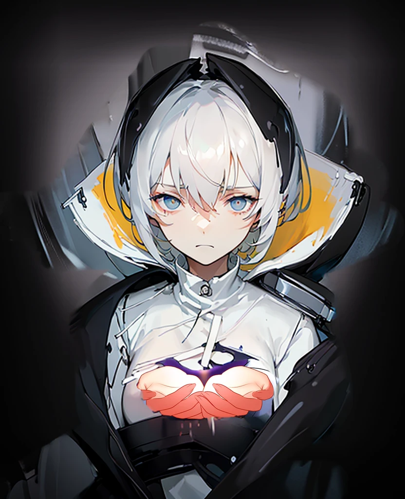 Masterpiece,Best quality,(A gloomy painting style:1.6),Solo,Boy,White hair,Short hair,(White shirt:1.4),((Face)) shirt,Shorts,Coat,Hood,Sneakers,Black coat,No breasts,Long sleeves,bangs,Fingerless gloves,Short hair,hair between eye,((gloomy expression)),(Pure black background:1.4),1 girl,