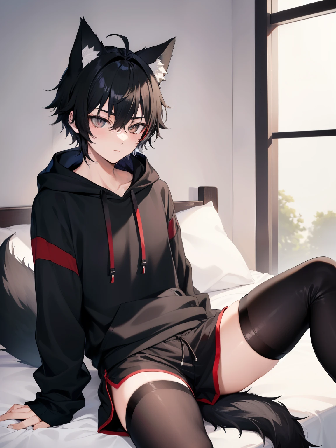 1boy, big sharp cat ears, fluffy cat tail, ruby red eyes, black messy short hair, looking at camera, black striped thigh highs, hoodie, HD, vibrant, masterpiece, best quality