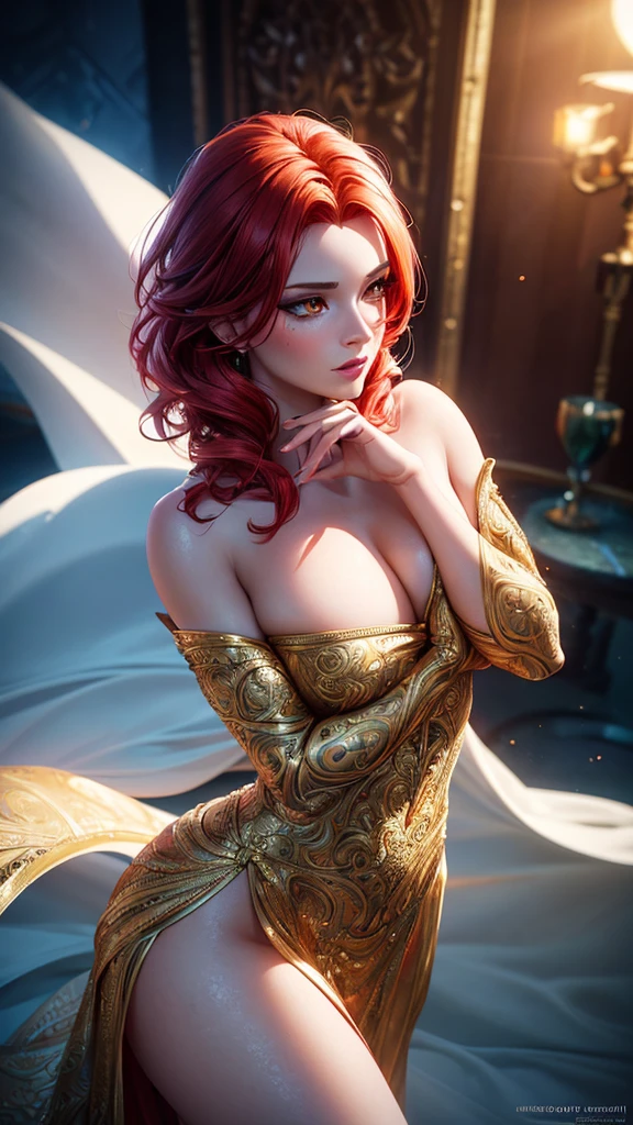 A beautiful woman with fiery red hair, bright yellow eyes, an angelic face, and a wonderful body, wearing (an elegant dress:1.2), (dramatic lighting:1.1), (CGI,3D render:1.2), (fantasy,enchanting:1.2), (highly detailed facial features:1.3), beautiful detailed eyes, beautiful detailed lips, extremely detailed eyes and face, long eyelashes, (intricate skin texture:1.2), (glowing skin:1.1), (dynamic pose:1.2), (dramatic atmosphere:1.2), (vibrant colors:1.3), (cinematic composition:1.2), (photorealistic:1.4), (best quality,4k,highres,masterpiece:1.2),ultra-detailed,(realistic,photorealistic,photo-realistic:1.37)