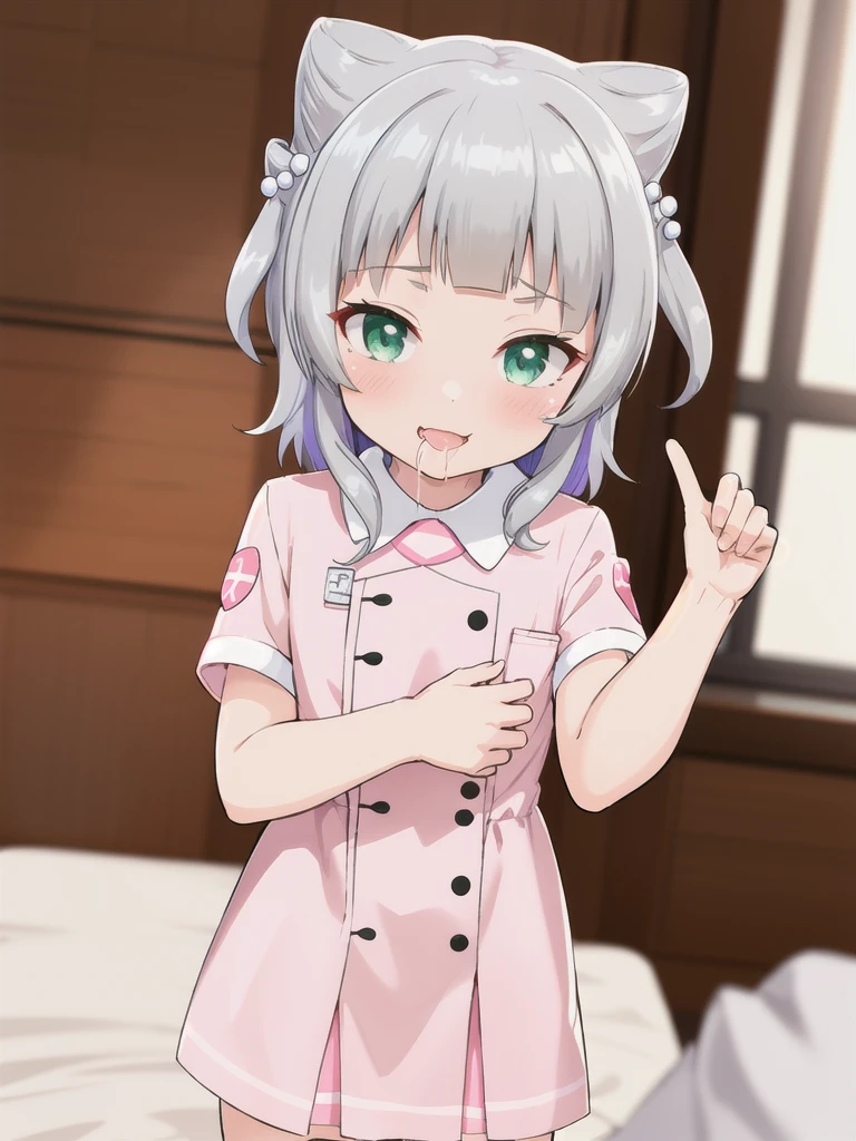 indoor,hospital,On the bed,1girl, Green Eyes, Grey Hair, hair ornaments, bangs, Virtual YouTuber, Shine, blunt bangs, Double Bang, Animal ears, Flat Chest,Pink nurse uniform,blush, (View your viewers), smile, Are standing,undressing,1boy,Bite your finger,saliva,orgasm