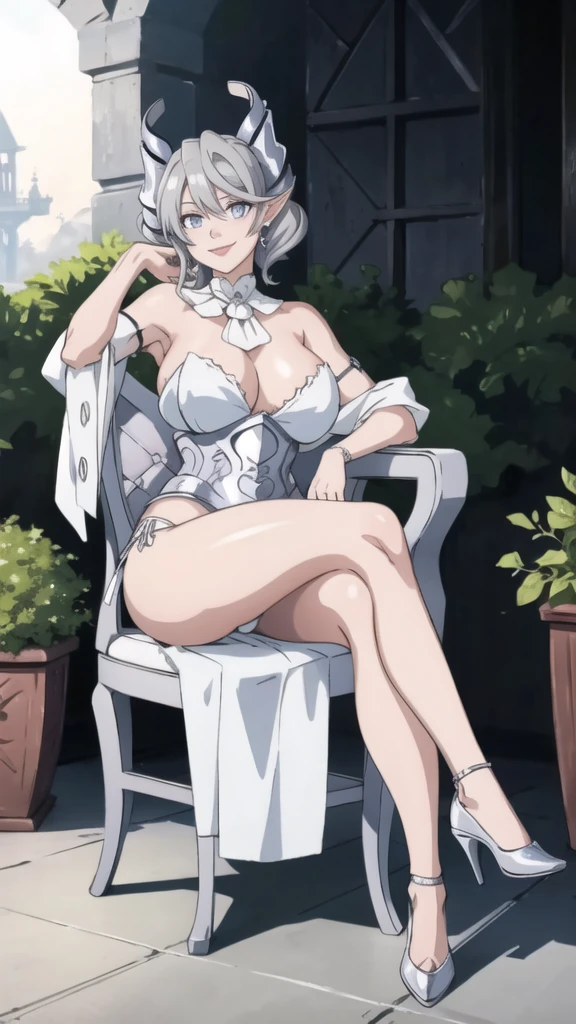 　garden sun light High level image quality　best image quality　8K　 adult woman   silver castle outside  more colors   whole body view　portrait　 bikini   　horn    ears  　short hair（（shortcut）（gray hair）（perm）（fluffy））　eye color is blue ,  , 　attractive evil face , smile   ,  sexy pose   ,  labrynth ,  barearm    , wearing white   , sitting on chair , smoking, crossed legs, view heels   , view side