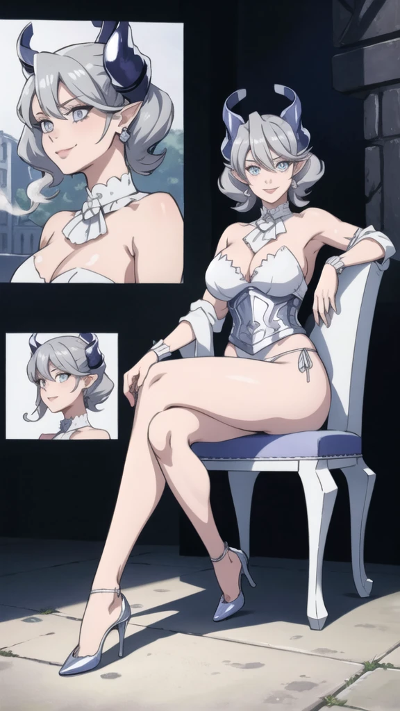 garden sun light High level image quality best image quality 8K adult woman silver castle outside more colors whole body view portrait bikini horn ears short hair((shortcut)(gray hair)(perm)(fluffy)) eye color is blue , , attractive evil face , smile , sexy pose , labrynth , barearm , wearing white , sitting on chair , smoking, crossed legs, view heels , view side