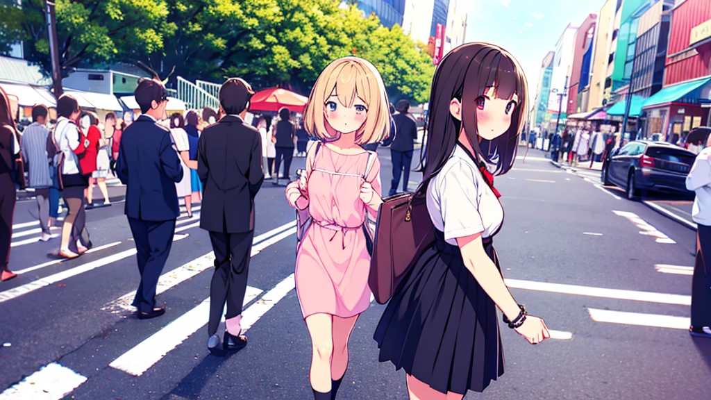 girl in short dress long stockings on the street akihabara tanuki blush on cheeks show pussy