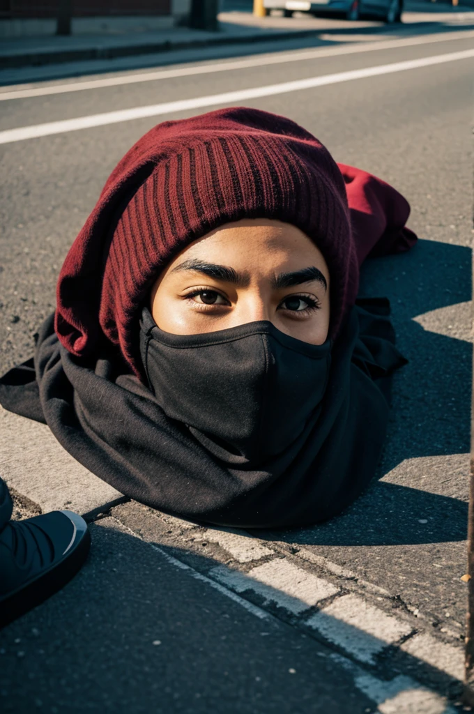 ski mask.lying on the street next to an avenue