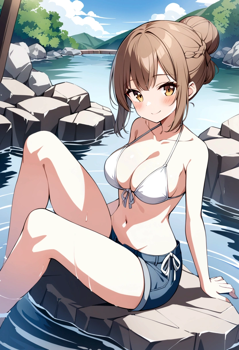 slender, mature female,breasts, rating:safe, 1girl, swimsuit, bikini, navel, brown_hair, smile, shorts, rock, looking_at_viewer, cleavage, white_bikini, collarbone, bare_shoulders, water, solo, large_breasts, onsen, stomach, denim, halterneck, thighs, denim_shorts, sidelocks, brown_eyes, outdoors, side-tie_bikini, bangs, sitting, long_hair, open_fly, front-tie_top, closed_mouth, string_bikini, short_shorts, blush, wet, hair_bun, medium_breasts, bare_arms, partially_submerged, halter_top, yellow_eyes, river, front-tie_bikini, short_hair, eyebrows_visible_through_hair, groin, ripples, day, braid, soaking_feet, bare_legs, midriff