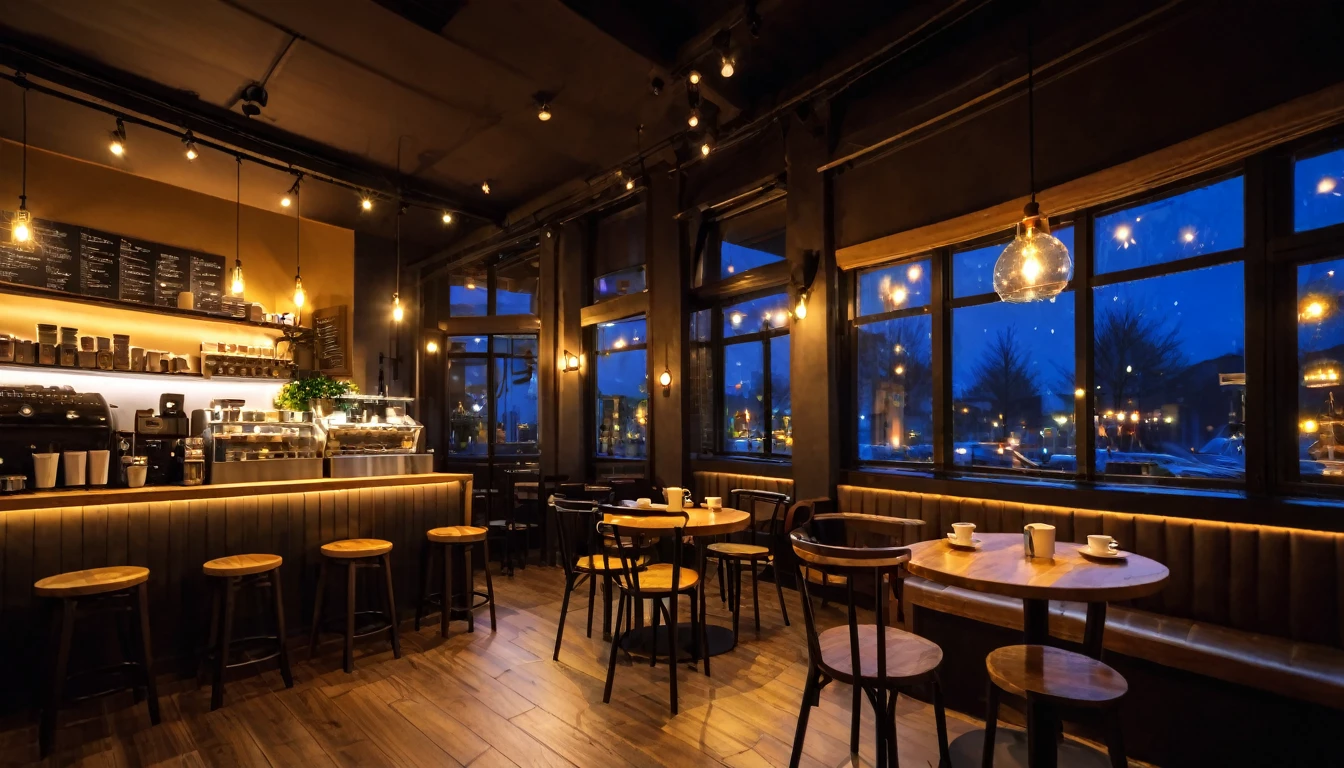 at night, cozy coffee shop interior with tables and coffee cups on them and a big windown in the center, night lighting