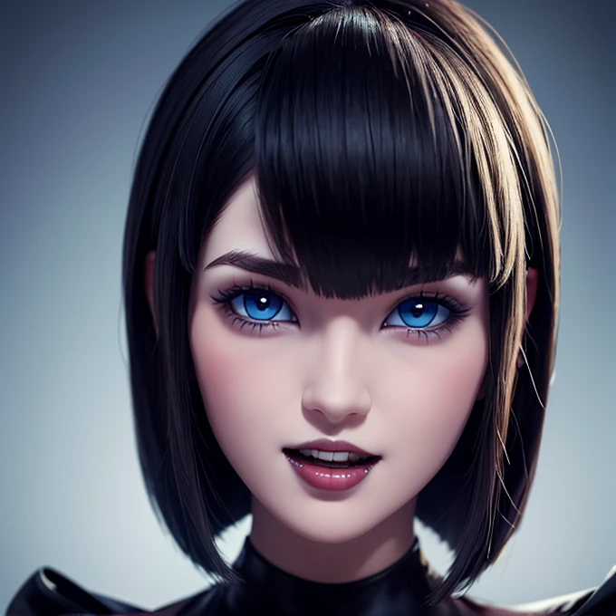 Alone, Beautiful face with big blue eyes, White skin, short black hair bob style, with bangs,  voluminous lips and open mouth showing vampire fangs, SMILE, wallpaper fanart 