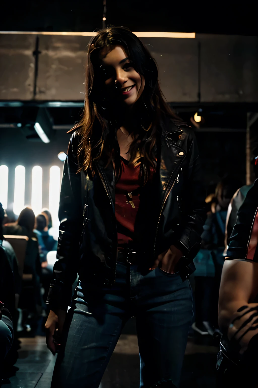 Take 5 photos of a girl with the same clothes, who is sitting in a medium shot inside a nightclub wearing jeans, red shirt with a design, who has a leather coat and a purse and sports shoes and smiling, while in the background there are boys dancing and everything is dark with only disco lights but in a DISCO WITH MANY PEOPLE IN THE BACKGROUND THE LIGHTS OF DIFFERENT COLORS AND THE DARKNESS IS A LITTLE NOTICED