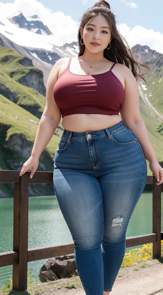 ((Best Quality, 8K, Masterpiece: 1.3)), Chubby woman smile ((best quality)), ((masterpiece)), (detailed), perfect face, USA woman fat in a dark-blue shirt and blue denim skirt walking down a street, thicc, she has a jiggly fat round belly, bbwchan, wearing tight sexy clothes, skinny waist and thick hips, widest hips, her belly is fat and round, soft curvy shape, hyperrealistic full figure, wearing a cute top, wide hips, cropped shoulders,Bare belly,(big assa:0.7),show legs,, thicc, beautiful thick female, beautiful curvy female,, Tall and tall,clear curvy details, curvy hourglass figure, alluring plus sized model, bbwchan, Voluptious body, Curvy model, Curvy body, Be red in the face, 1girll fat , a matural female, A MILF, the golden ratio,(Kpop idol),(Oil skin:1.2),(Oil skin:1.1) background High quality, HD, realistic, HDR. mountain refuge in grey stone, blends into the panoramic view of the mountain, spring landscape (green and flowery), edelweiss, lake, stream that winds, sunset, cool breeze. welcome mountaineers and hikers.