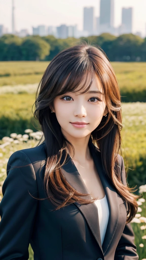 highest quality、genuine、Super detailed、finely、High resolution、8k wallpaper、one beautiful woman、、、light brown disheveled hair、wearing a business suit、sharp focus、perfect dynamic composition、beautiful and detailed eyes、thin hair、Detailed genuine skin texture、smile、model body shape、In Tokyo at morning、In a windswept meadow