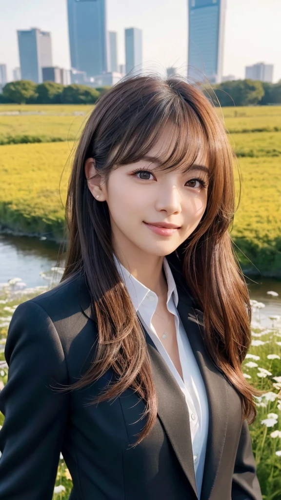 highest quality、genuine、Super detailed、finely、High resolution、8k wallpaper、one beautiful woman、、、light brown disheveled hair、wearing a business suit、sharp focus、perfect dynamic composition、beautiful and detailed eyes、thin hair、Detailed genuine skin texture、smile、model body shape、In Tokyo at morning、In a windswept meadow