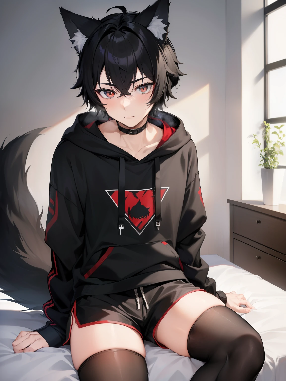 ((masterpiece, best quality, anime)), ((19 year old Boy)), ((4'6ft)) cute, ((Black messy short hair)) Black Hoodie ,((Red and Grey eyes)), ((Black Really Fluffy Wolf tail)) ((1tail)) ((Black Wolf ears)), Cute expression, white Sport-Shorts with Thigh highs.alone on bed