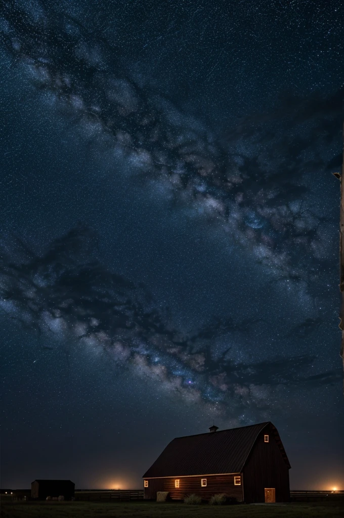 "A serene night sky filled with countless stars, a dark blue barn with a slanted roof in the foreground. A solitary figure stands on the roof, silhouetted against the starry backdrop. The scene should evoke a sense of calm and wonder, with a vast expanse of space above and a sense of quiet solitude below." With a shooting star