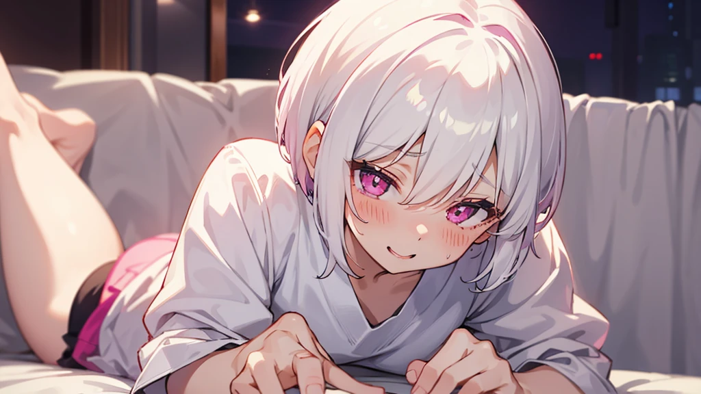 White Hair Girl、Pink Eyes、Short Hair、Only one girl、Night、In the bedroom、Blushing、laughing、Excited、Just One、Sitting on the bed、Sweating