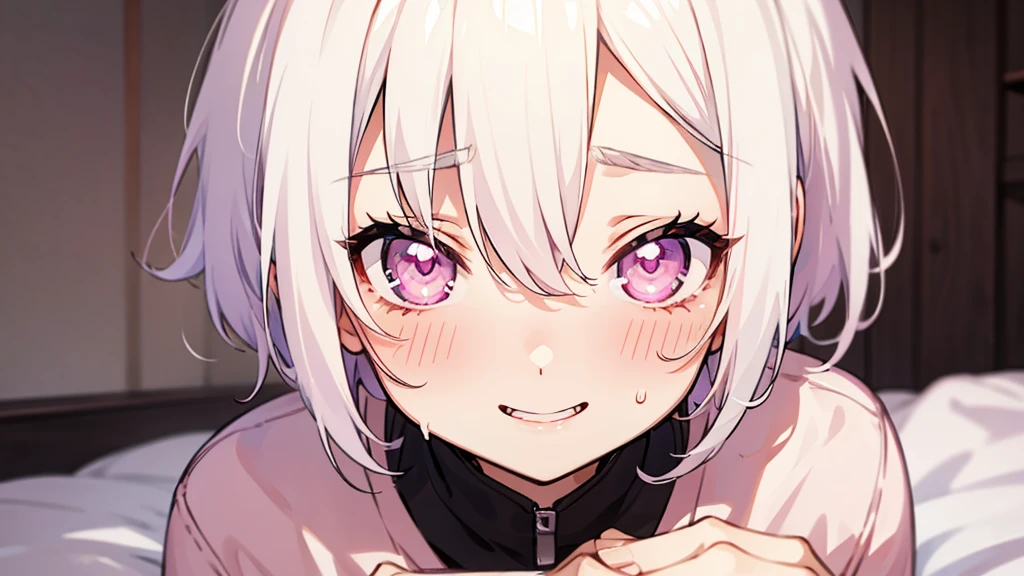 White Hair Girl、Pink Eyes、Short Hair、Only one girl、Night、In the bedroom、Blushing、laughing、Excited、Just One、Sitting on the bed、Sweating