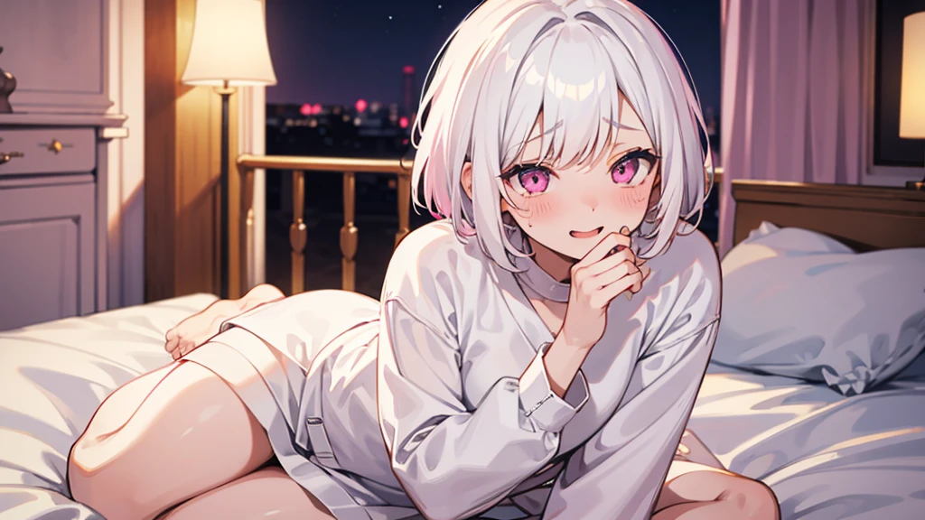 White Hair Girl、Pink Eyes、Short Hair、Only one girl、Night、In the bedroom、Blushing、laughing、Excited、Just One、Sitting on the bed、Sweating