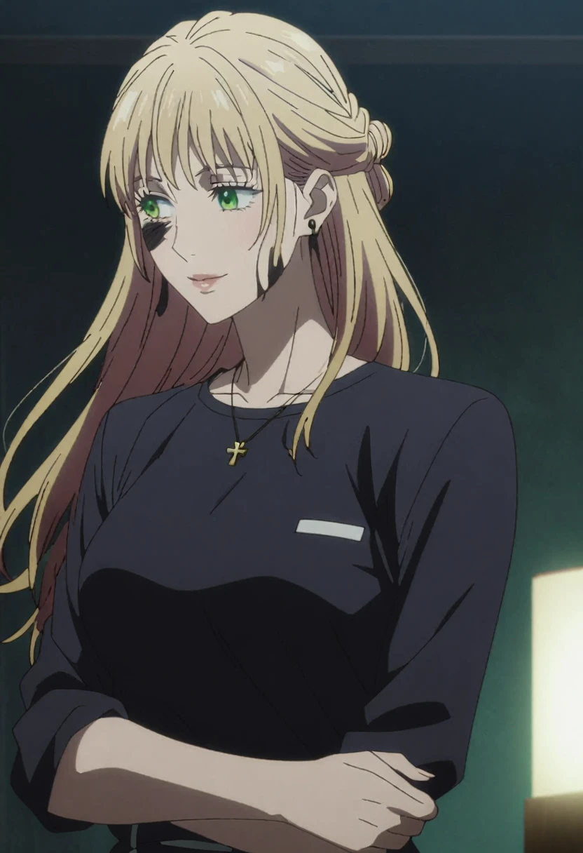 1girl, female gojo satoru, anime screencap from jujutsu kaisen, gojo satoru female version, solo, long_hair, Green eyes ((Blonde_hair)), night view, breasts, upper_body, smile, indoors, book, green_eyes, lips, (Her hairstyle is long, straight, and layered. The hair is parted slightly off-center, with a few strands falling around the face, creating a soft, framed look. The hair appears to have a smooth texture and falls gracefully over her shoulders) ((wearing black colour uniform with button)) breast, "very detailed and high resolution" (Green eyes) (cross arms)  ((long hair)) ((solo)) (front view)(necklace) (earings) ((high resolution)) ((good quality))