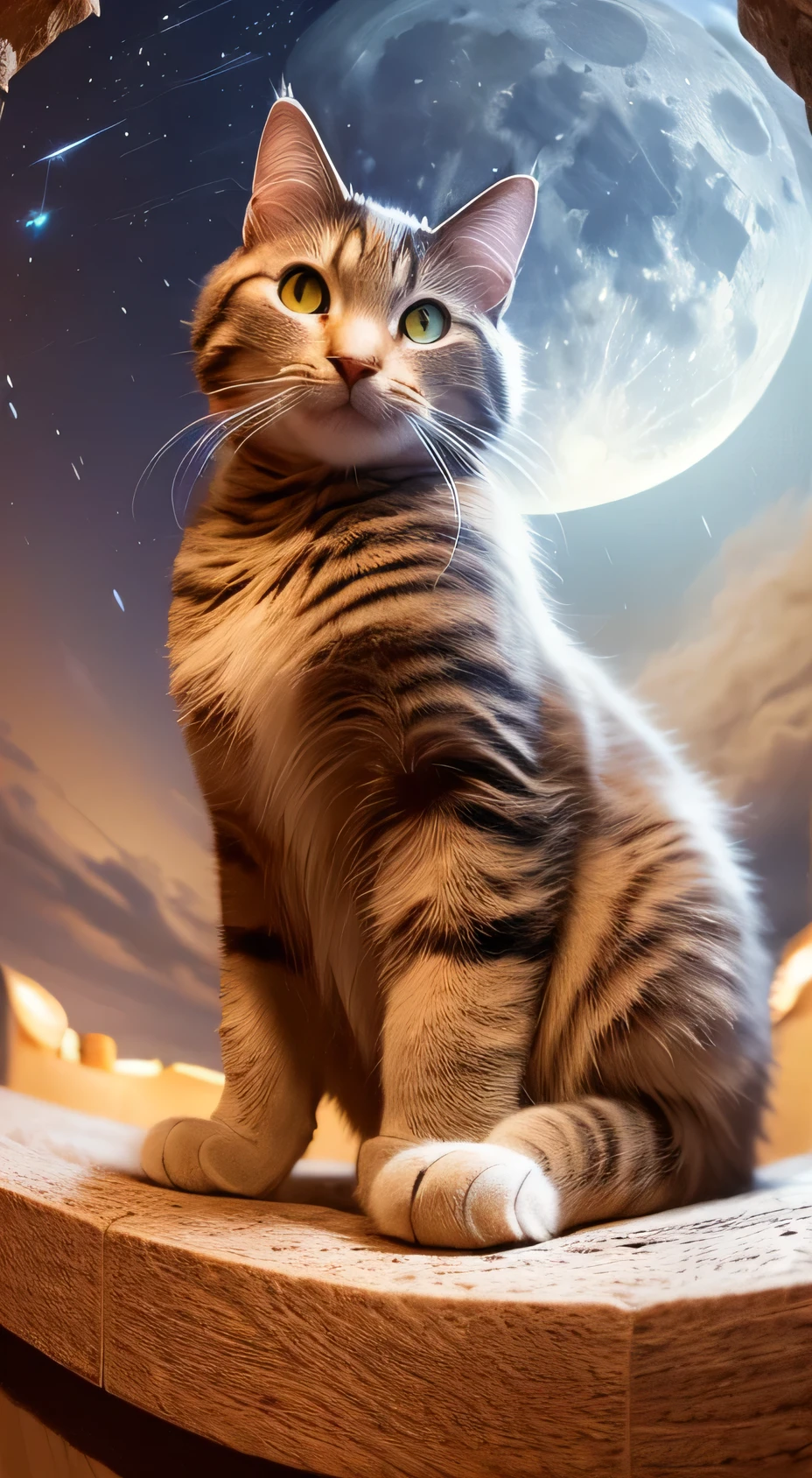 Ultra Wide Angle，(masterpiece:1.3),(Very detailed:1.3),(High resolution:1.1),Highest quality,Hyper Detail,Cat looking up at the stars。Big full moon，Soft moonlight，Romantic Starry Sky