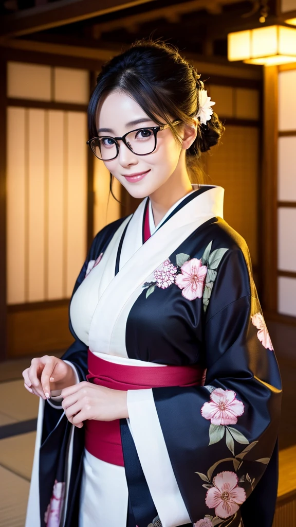(Super beautiful woman in kimono)、((highest quality、8K masterpiece:1.3))、sharp focus:1.2、(super beautiful face:1.0)、(shiny skin:1.0)、realistic pictures、black hair、video lighting、High resolution eyes and face、video lighting、japanese actress、from the front、big breasts、with a happy smile、Slender abs beauty、whole body、wearing a kimono、in Kyoto、(((luxury obi)))、In Kyoto at night、wearing glasses with no edge、with a fan