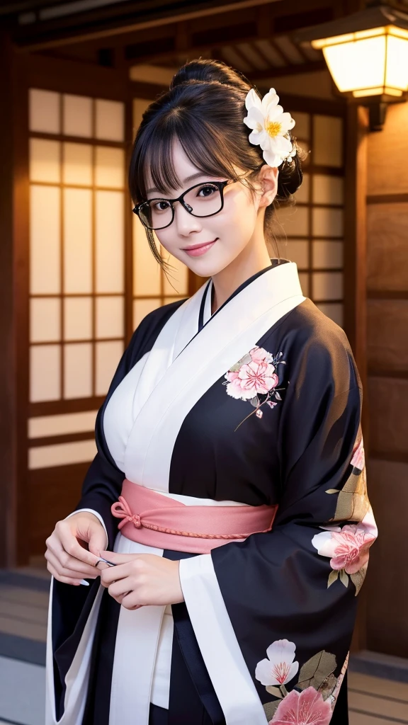(Super beautiful woman in kimono)、((highest quality、8K masterpiece:1.3))、sharp focus:1.2、(super beautiful face:1.0)、(shiny skin:1.0)、realistic pictures、black hair、video lighting、High resolution eyes and face、video lighting、japanese actress、from the front、big breasts、with a happy smile、Slender abs beauty、whole body、wearing a kimono、in Kyoto、(((luxury obi)))、In Kyoto at night、wearing glasses with no edge、with a fan