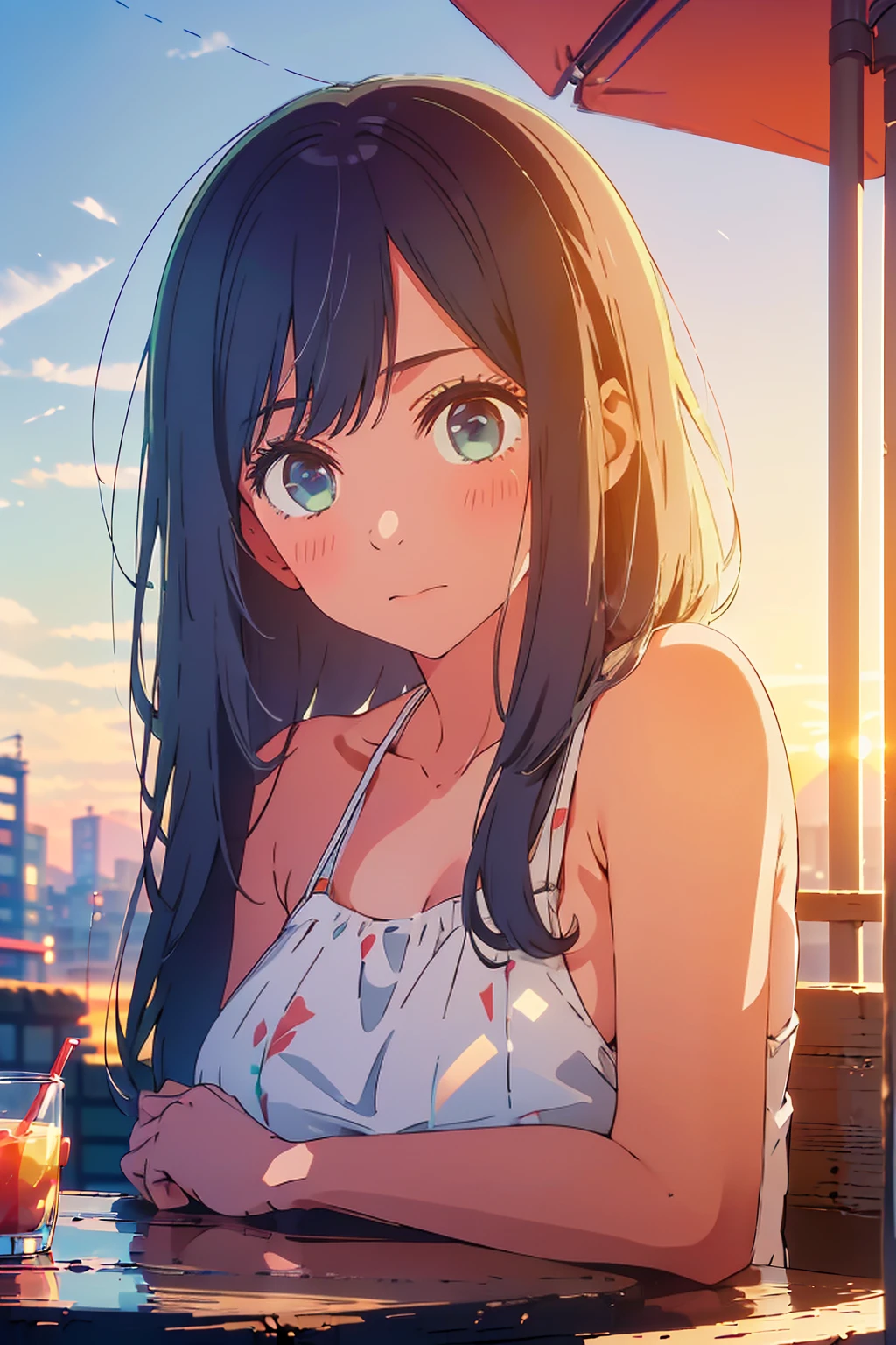 (Highest quality:1.4、masterpiece:1.4、Super detailed:1.4、8K:1.4)、F cup bust、Big Breasts、Slim body、((((1 person、Surprised expression、sit、In the background are the urban buildings of Tokyo、looking at the camera、Outdoor café terrace、Sunset Beach、Navy hair color、Shooting from the side、juice、table、sunset、Very cute face))))、(Cheek resting on hand:1.4）、((nude、Areola、bikini size too small))、A completely cloudless sky、Big eyes、((((Shallow depth of field))))