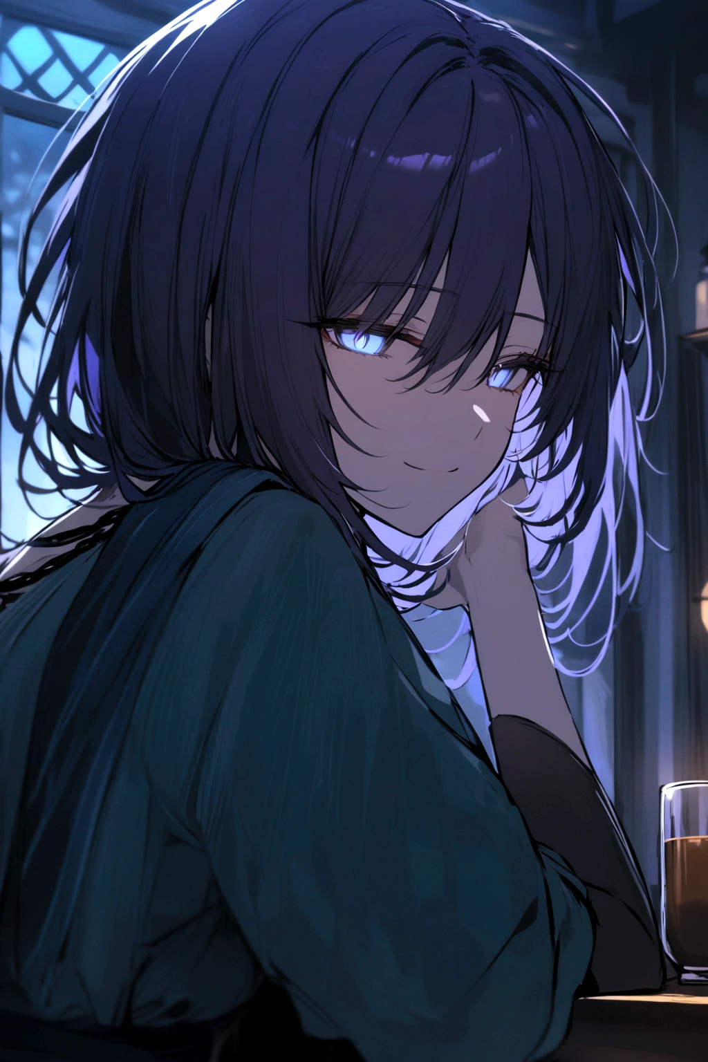 Wanderer smiling softly, half lidded eyes, upper body shot, sitting on a cafe, indigo hair, glowing eyes