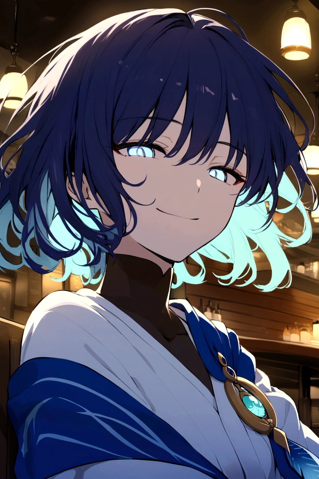 Wanderer smiling softly, half lidded eyes, upper body shot, sitting on a cafe, indigo hair, glowing eyes