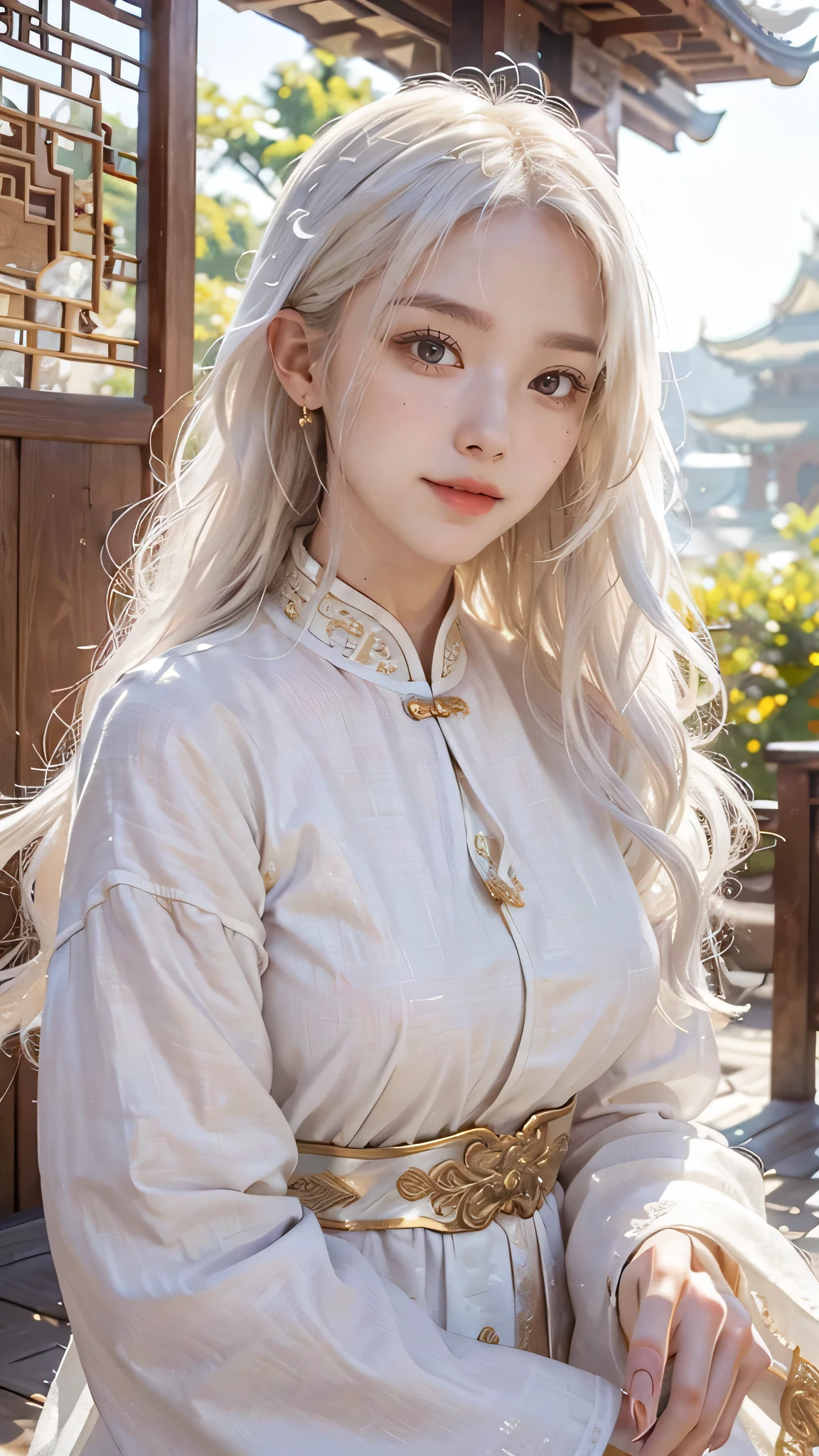 best quality, masterpiece,white hair, gold eyes,white clothes, looking up, upper body,Fair skin, long wavy hair Chinese wooden architecture behind, sunlight falling on her , closed mouth, smiling, drunk blush, looking at viewer