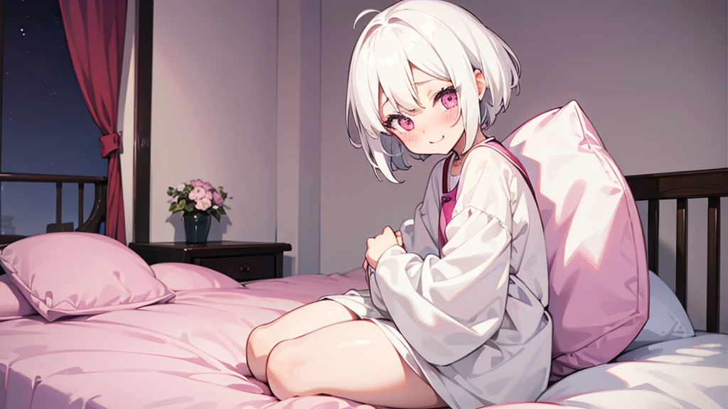 White Hair Girl、Pink Eyes、Short Hair、Only one girl、Night、In the bedroom、Blushing、laughing、Excited、Just One、Sitting on the bed、Sweating