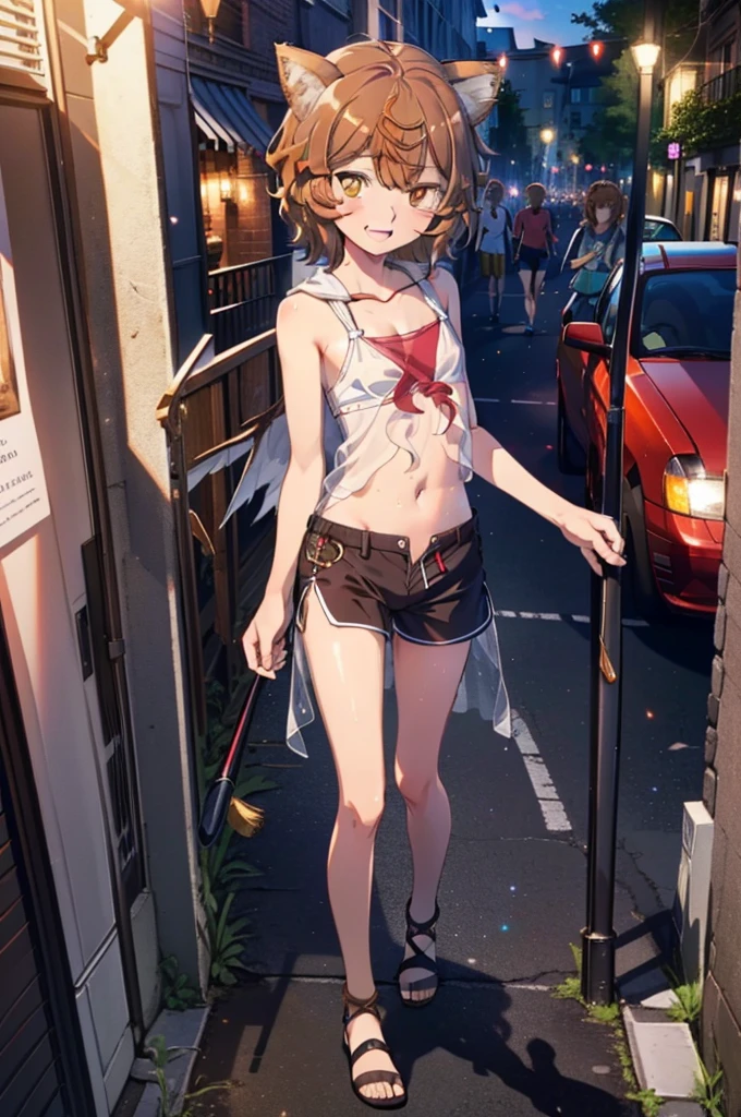 Lirilkaード, Lirilka, Animal ears, (Brown eyes:1.7), Brown Hair, (Flat Chest:1.2), happy smile, smile, Open your mouth,Sweat,,short hair,White Tank Top,Shorts,Cute Sandals ,Walking during the day,Clear skies, break looking at viewer, whole body, break outdoors ,Residential Street, break (masterpiece:1.2), Highest quality, High resolution, unity 8k wallpaper, (shape:0.8), (Beautiful and beautiful eyes:1.6), Highly detailed face, Perfect lighting, Highly detailed CG, (Perfect hands, Perfect Anatomy),