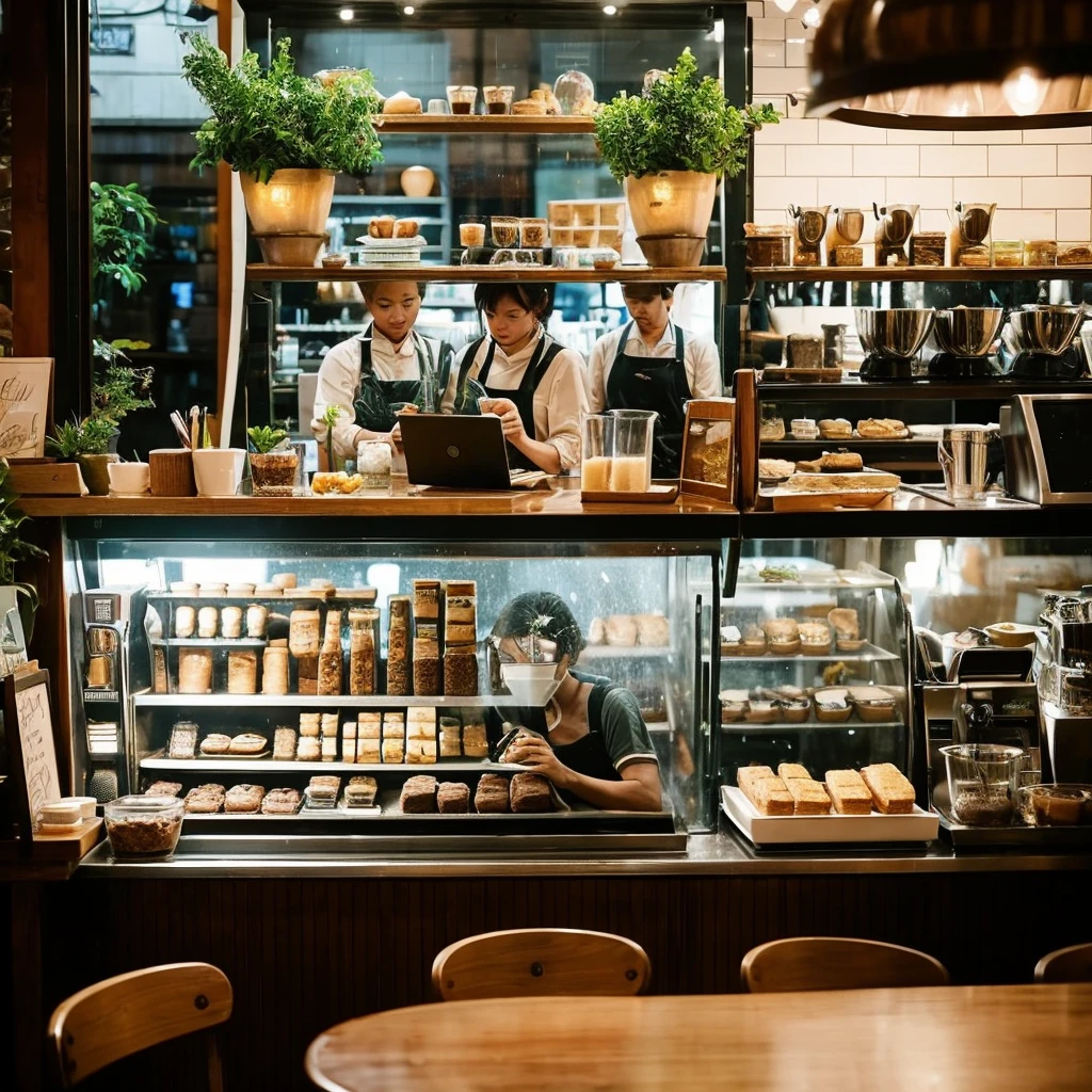 "Draw a realistic café scene on a rainy day. The café has large windows with raindrops trickling down, giving a view of the wet street and pedestrians with umbrellas outside. Inside, capture a cozy atmosphere with wooden tables and chairs, soft ambient lighting, and a variety of patrons. Some customers are reading, others are chatting quietly, and a few are working on laptops. Behind the counter, baristas are preparing coffee, with steam wafting up from the espresso machine. Include an abundance of greenery: potted plants on the floor, hanging plants from the ceiling, and small succulents on the tables, enhancing the warm and inviting ambiance. Add details like a chalkboard menu, shelves with coffee beans and pastries, and a display case with baked goods."
