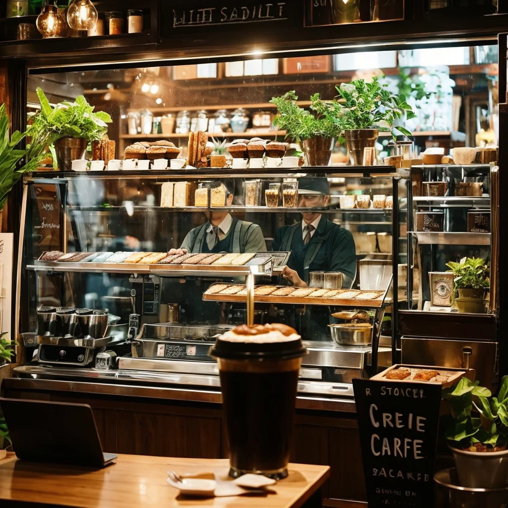 "Draw a realistic café scene on a rainy day. The café has large windows with raindrops trickling down, giving a view of the wet street and pedestrians with umbrellas outside. Inside, capture a cozy atmosphere with wooden tables and chairs, soft ambient lighting, and a variety of patrons. Some customers are reading, others are chatting quietly, and a few are working on laptops. Behind the counter, baristas are preparing coffee, with steam wafting up from the espresso machine. Include an abundance of greenery: potted plants on the floor, hanging plants from the ceiling, and small succulents on the tables, enhancing the warm and inviting ambiance. Add details like a chalkboard menu, shelves with coffee beans and pastries, and a display case with baked goods."