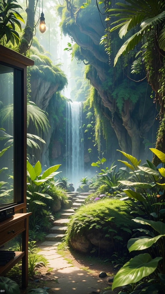 gaming room, landscape, nature, Dense jungle filled with exotic plants, 美丽的light, (Main Part, best quality, , Ultra HD, Depth of Field, 4K, ringing, Human Development Report), Surrealism, 8k Ultra HD, Digital SLR Camera, high quality, light, Astonishing, Ray Tracing,