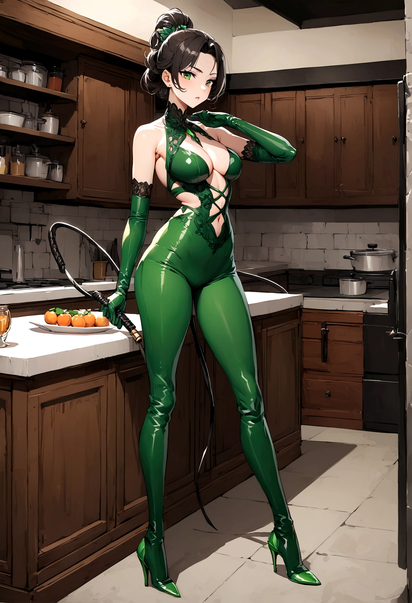 perfect and beautiful face, beautiful girl in green pointed toe stiletto knee high boots, standing in kitchen holding a whip ,, leatgher gloves on, thick slim waist