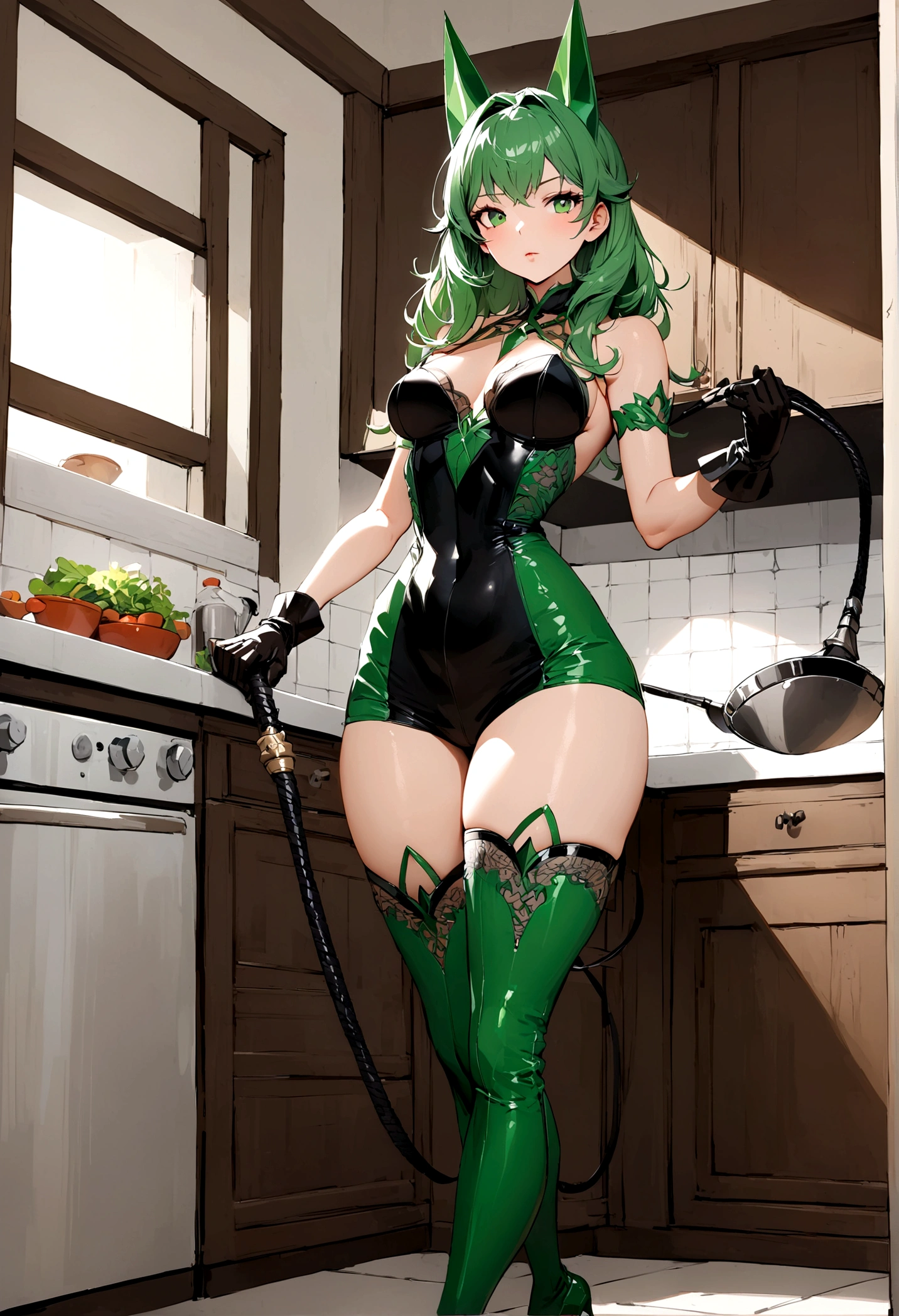 perfect and beautiful face, beautiful girl in green pointed toe stiletto knee high boots, standing in kitchen holding a whip ,, leatgher gloves on, thick slim waist
