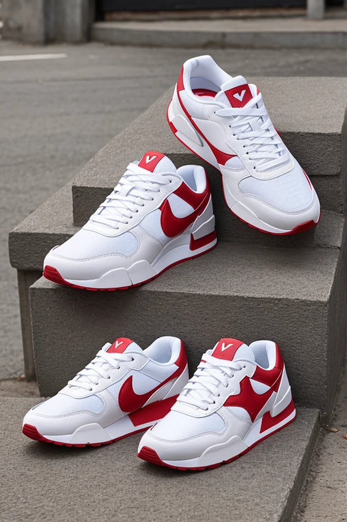 A pair of sports sneakers, sitting on a pedestal, white and red color with a V on the side of the instep and on the heel it is written AvtiveWear