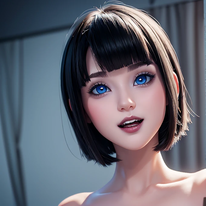 Alone, Beautiful face with big blue eyes, White skin, short black hair bob style, with bangs,  voluminous lips and open mouth showing vampire fangs, SMILE, wallpaper fanart full-body-shot 