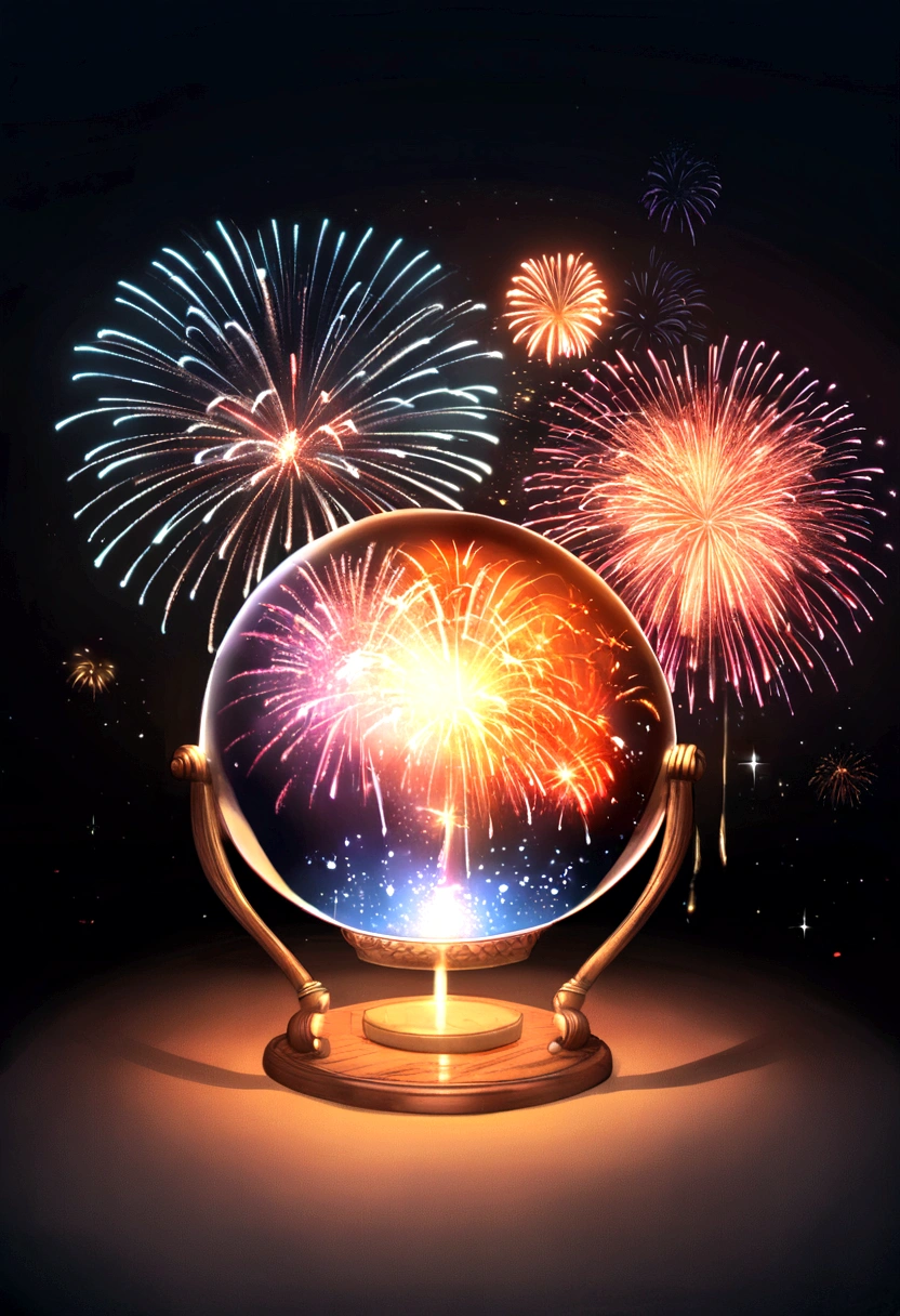 ((firework)), No background, 中にfireworkが入ったガラス球, 球状のfirework, Complex and shining atmosphere, Magic Particles, Bottle of stars, Glass and Light, Beautiful and intricate glass spheres, New Year&#39;s Eve, Sparks and liquid fires, 大きなfireworkが1つ,Magic Particles, Luminous sphere, Magic Particles in the air, Spherical lightning, sparkling in the air,colorful,日本のfirework