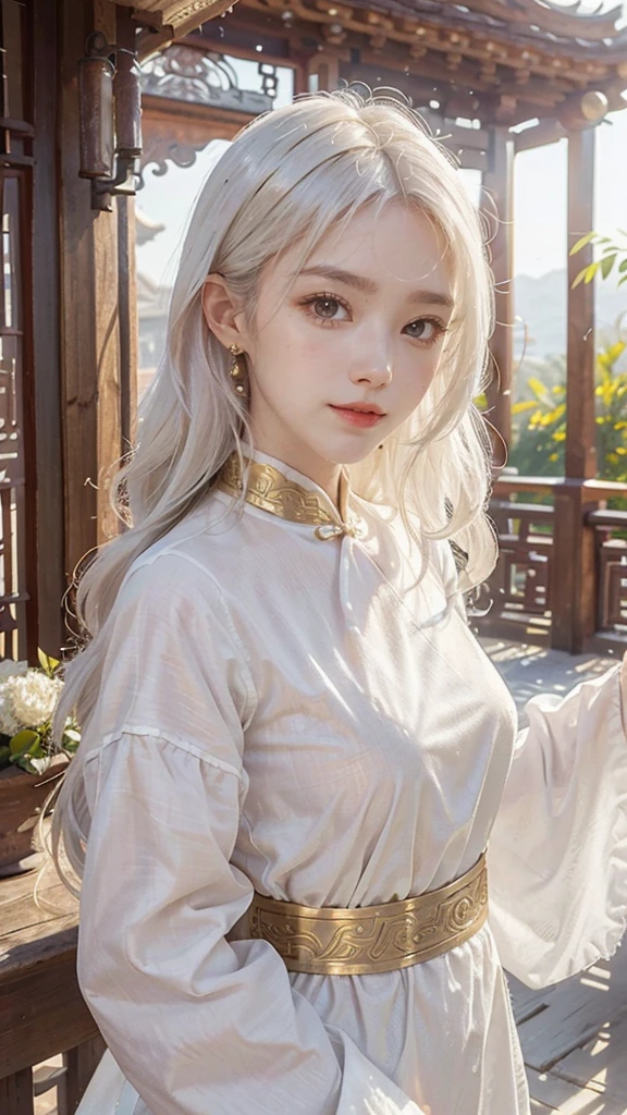 best quality, masterpiece,white hair, gold eyes,white clothes, looking up, upper body,Fair skin, long wavy hair Chinese wooden architecture behind, sunlight falling on her , closed mouth, smiling, drunk blush, looking at viewer