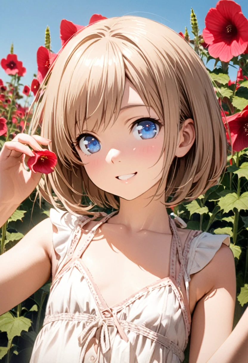 1 girl, 18yo, (flat chest: 1.5), blue eyes, light brown hair, bob cut, summer outfit, smile, open mouth, pink petunia flower field, upper body, posing, bule sky, 8k, RAW photo, best quality, masterpiece, extremely detailed 8k wallpaper, ultra-detailed, best shadow, detailed background, beautiful detailed face, beautiful detailed eyes, nice hands, perfect hands