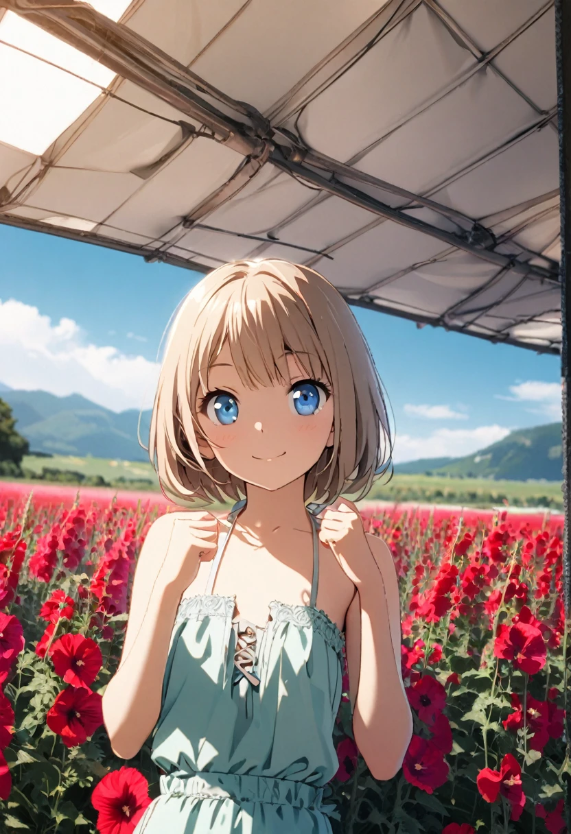 1 girl, 18yo, (flat chest: 1.5), blue eyes, light brown hair, bob cut, early summer outfit, smiling, posing, having fun, upper body, Hollyhock Field, blue sky, 8k, RAW photo, best quality, masterpiece, extremely detailed 8k wallpaper, ultra-detailed, best shadow, detailed background, beautiful detailed face, beautiful detailed eyes, nice hands, perfect hands