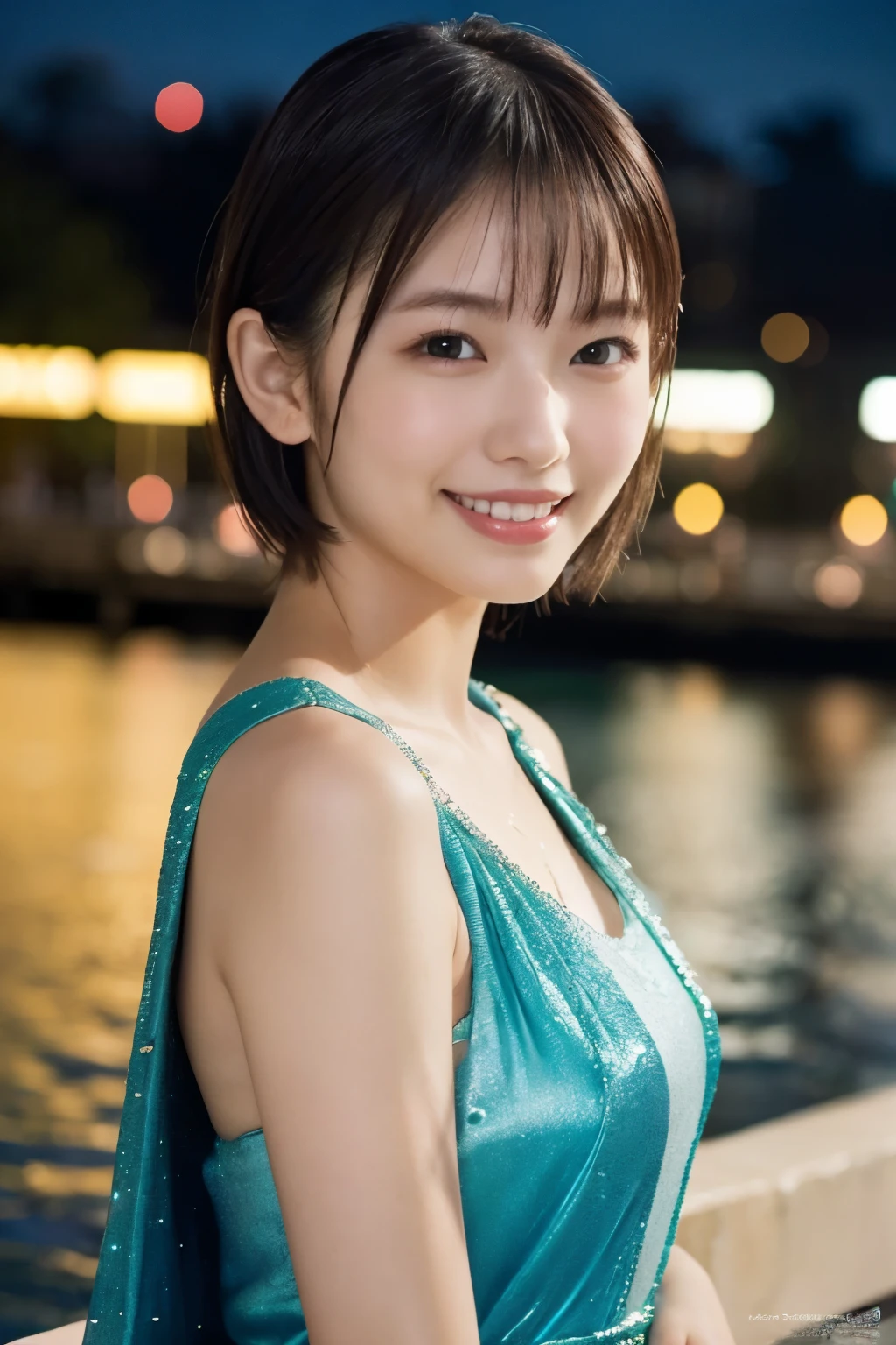 1 Girl, (Wearing a rainbow dress:1.2), (Supercluster), Very beautiful Japanese idol portraits, 
(RAW Photos, Highest quality), (Realistic, Realistic:1.4), (masterpiece), 
Very delicate and beautiful, Very detailed, 2k wallpaper, wonderful, finely, Very detailed CG Unity 8K wallpaper, Very detailed, High resolution, Soft Light, 
Beautiful detailed girl, Very detailed目と顔, Beautiful and sophisticated nose, Finely beautiful eyes, Cinema Lighting, 
(Fashion magazine photography:1.3), (Outdoor), (Night lights), (water front), 
(short hair), 
Complete Anatomy, Slender body, Small breasts, smile