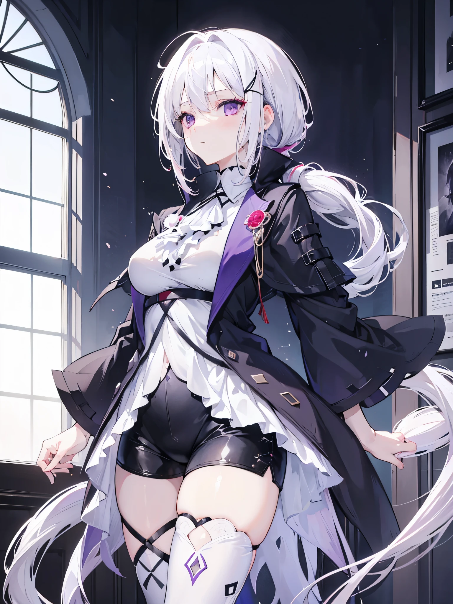 1girl, medium breasts, purple eyes, (((white hair))), hair ornaments, tall, young, outfit-gladiia, long hair, tied hair, indoors, black shorts, thigh-highs, low ponytail