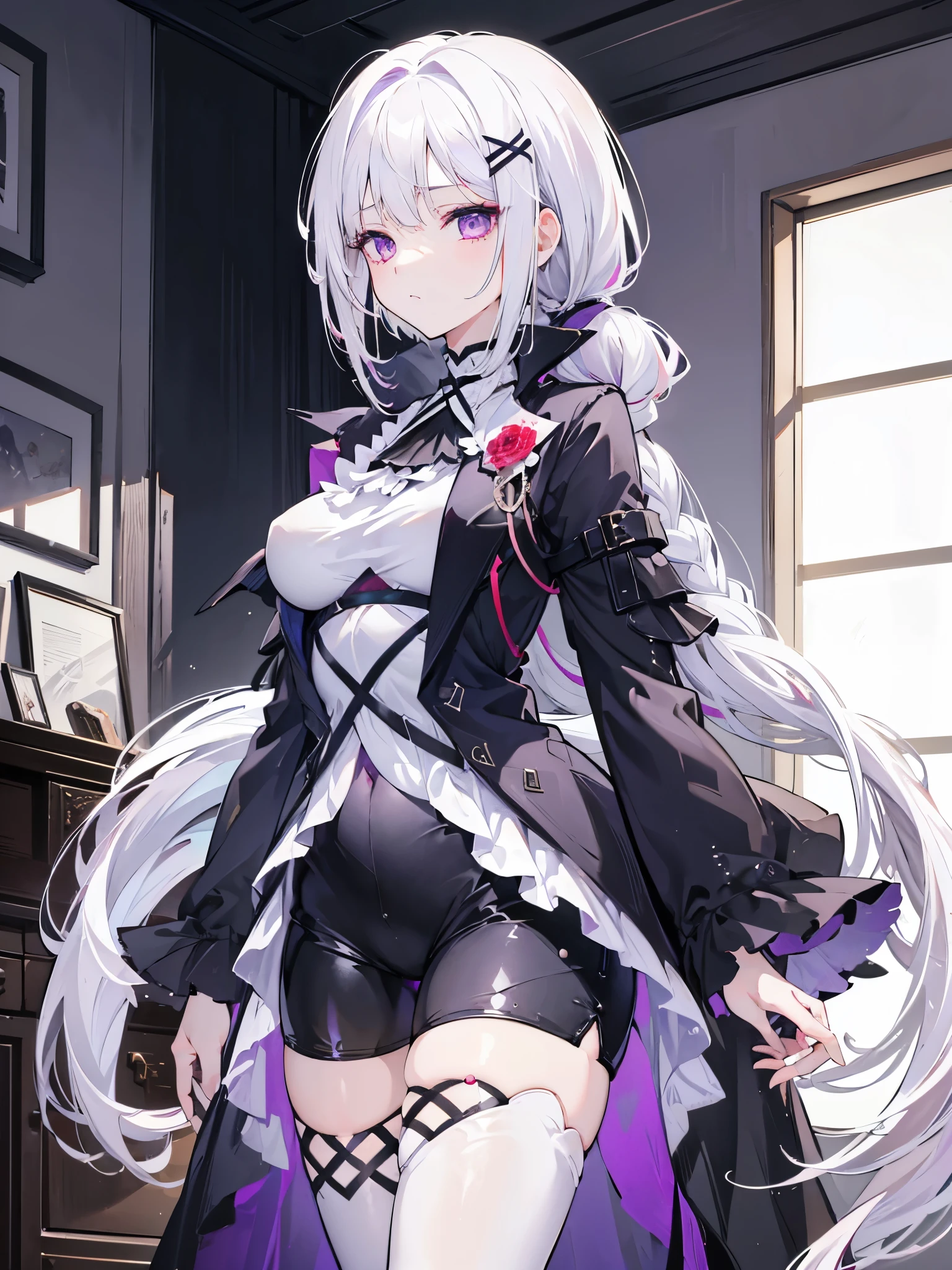 1girl, medium breasts, purple eyes, (((white hair))), hair ornaments, tall, young, outfit-gladiia, long hair, tied hair, indoors, black shorts, thigh-highs, low ponytail