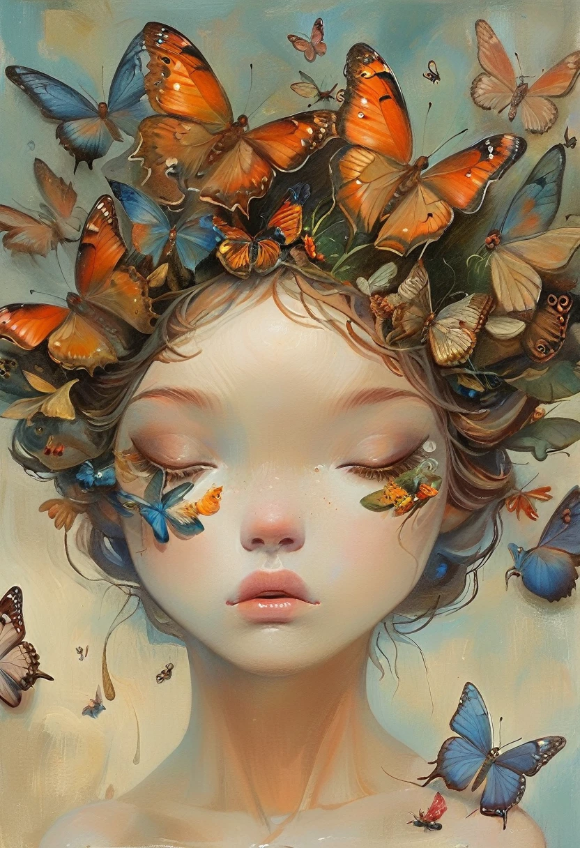 Oil painting of a woman with a butterfly mask on her head, Jonathan Young Pintura, Adriano Borda, Moths crawling on my face, Mixed media in clay form, Intricate oil painting artwork, Shin Jin Hye, Mixed Media, directed by: Ishaq Holtz, Half Woman Half Butterfly, Made from dried flowers, Highly conceptualized figurative art, Portrait of a fairy
