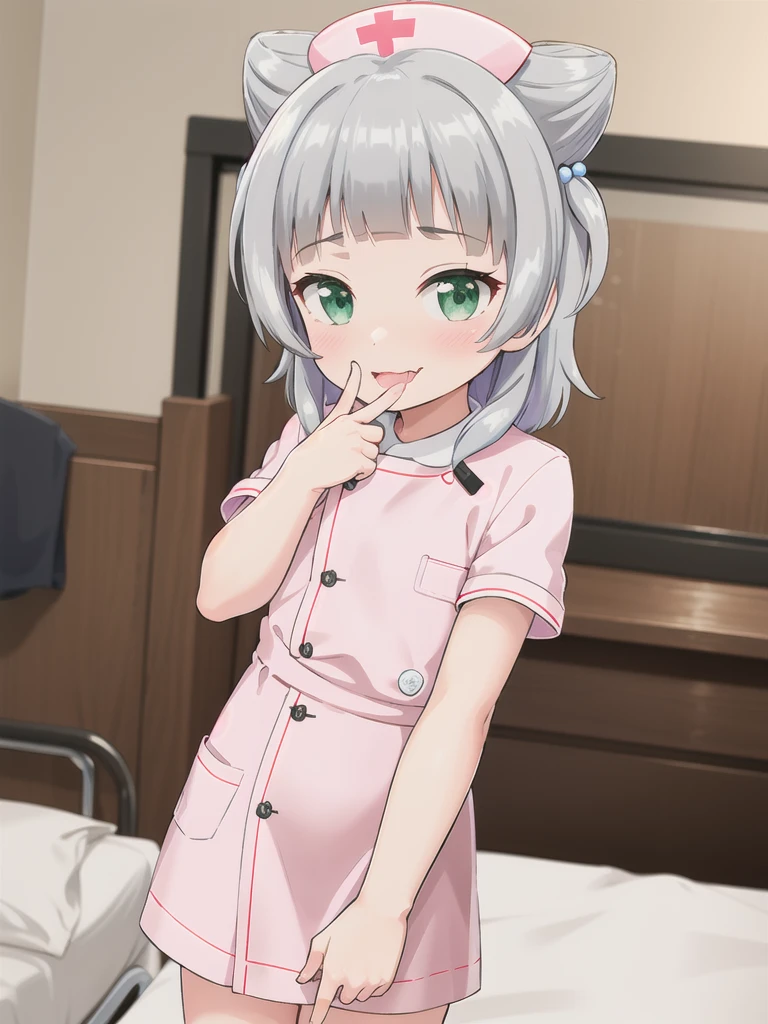 indoor,hospital,On the bed,1girl, Green Eyes, Grey Hair, hair ornaments, bangs, Virtual YouTuber, Shine, blunt bangs, Double Bang, Animal ears, Flat Chest,Pink nurse uniform,blush, (View your viewers), smile, Are standing,undressing,1boy,Grab your chest,Bite your finger,saliva,orgasm